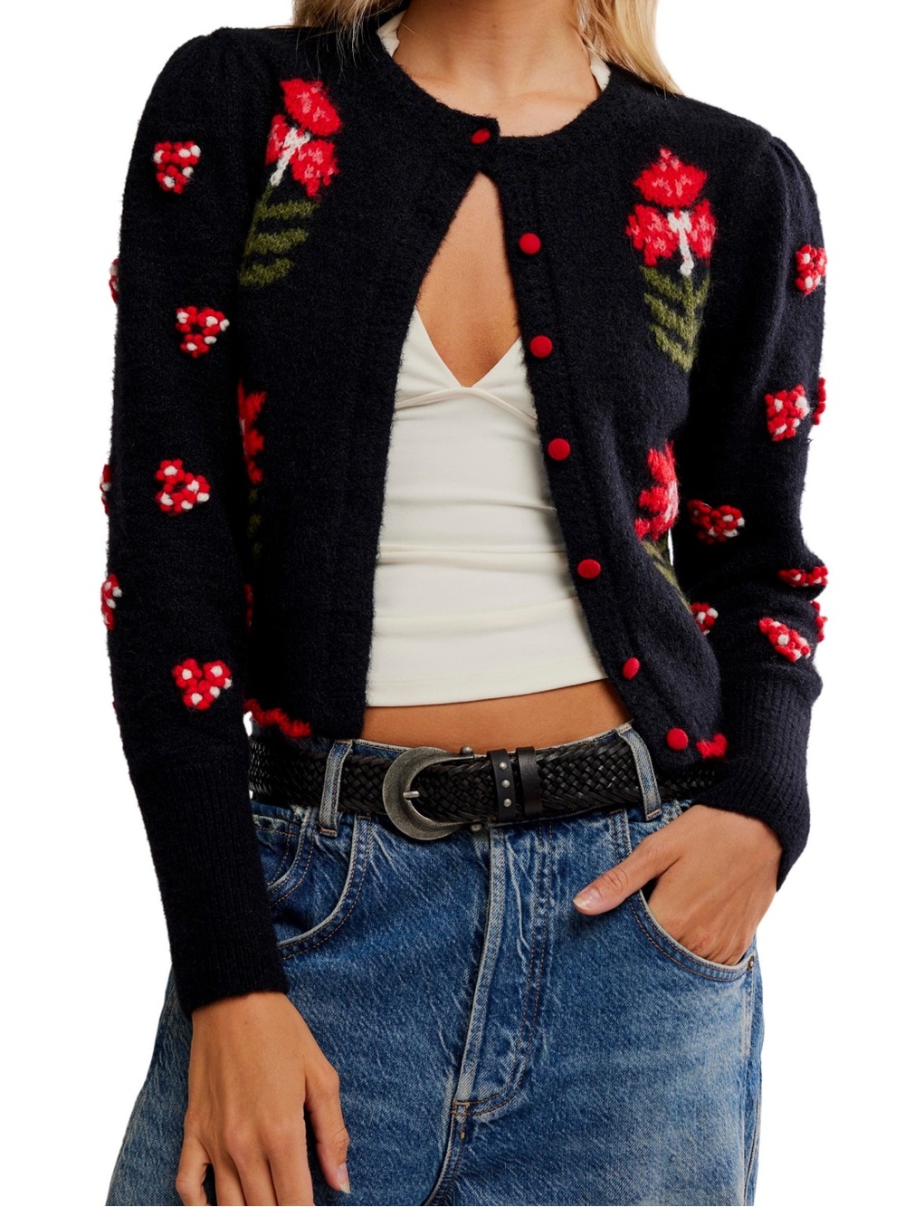 Free People Nonna Knit Cardi-Midnight Bloom Combo